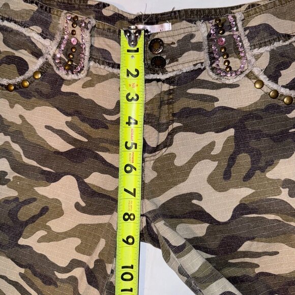Handi Y2k Army Camo Cargo Capri Pants Bedazzled Jewel Drawstring Cuffs Size 30" - Picture 10 of 11